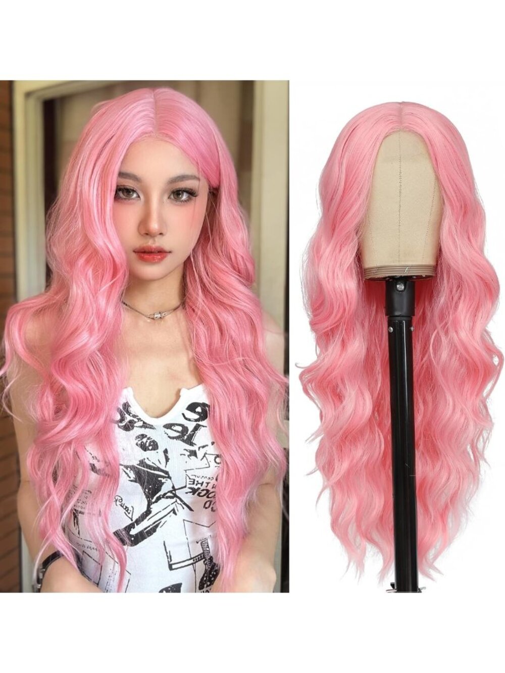 26" Long Wavy Pink Synthetic Wig for Women - Middle Part, Stylish & Trendy